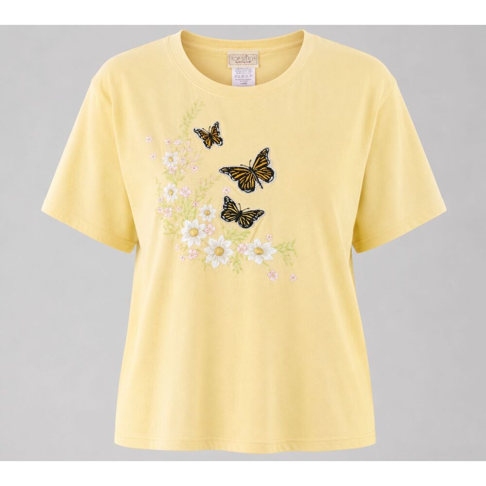 Top Stitch Butterfly Floral Graphic Tee Yellow Short Sleeve Women’s Large